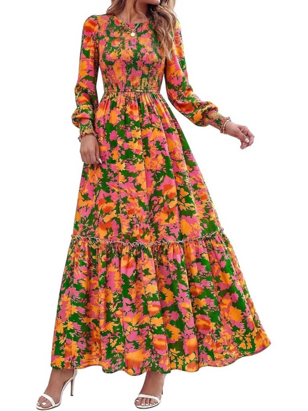 Women's Orange Floral Long Sleeve A Line Casual Fall Maxi Dresses With Pockets